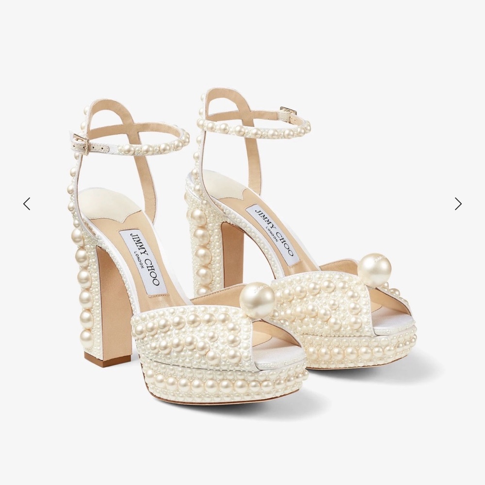 JIMMY CHOO White Satin Pearl Bridal SACARIA 120 Platform Heels 39/8, In Box, A++